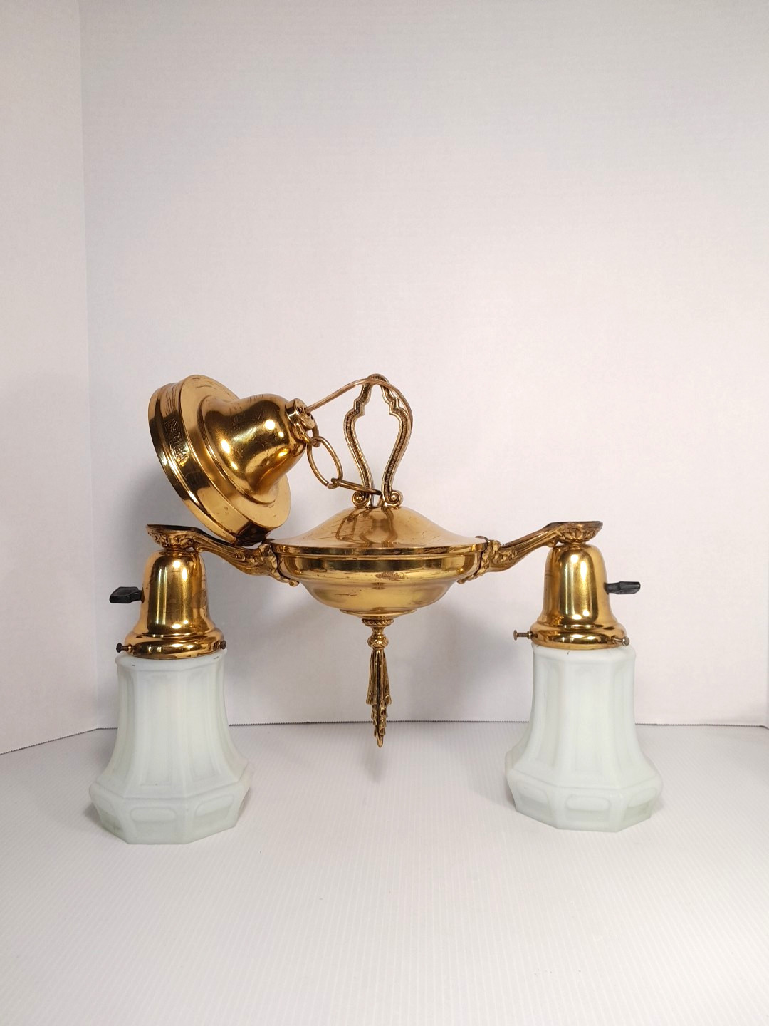 Vtg Williamson Art Deco Light Fixture Double Socket Original Light Blue Shades