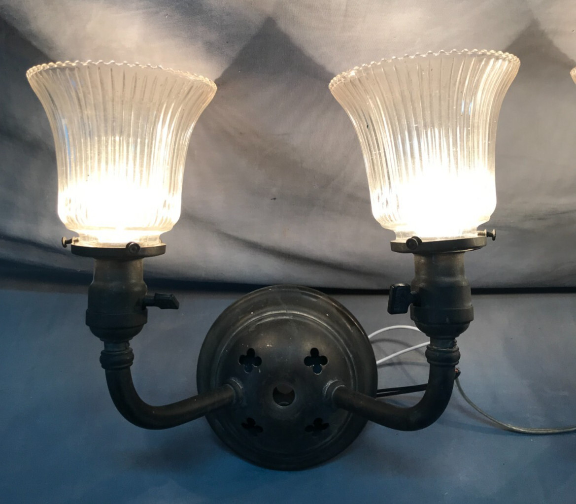 Pair Antique Gothic Mission Brass Double Glass Sconce Interior Lights 1211-25B