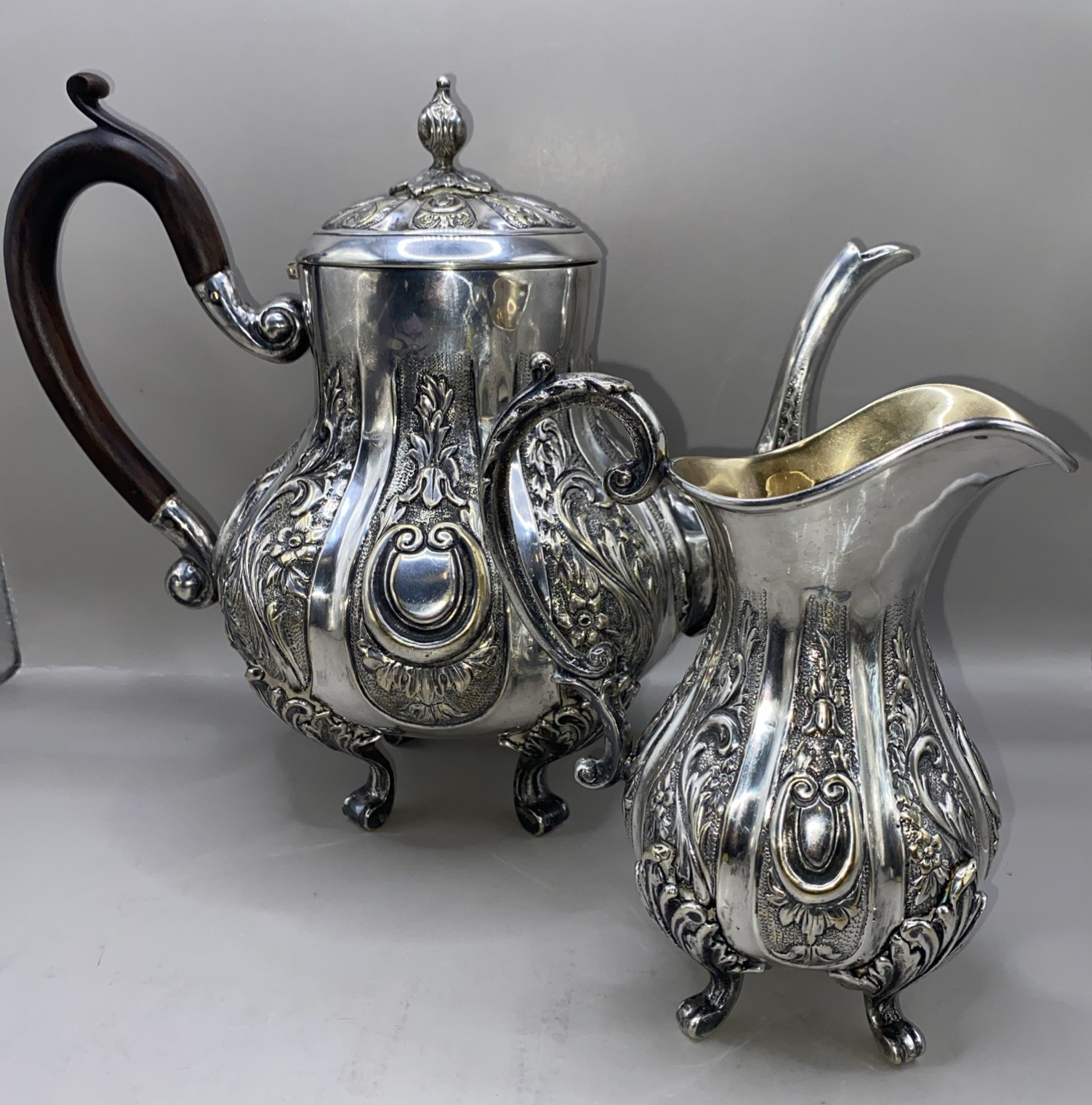 Antique Victorian Repousse Ornate Tea Pot & Creamer Silver Tone Wood Handle