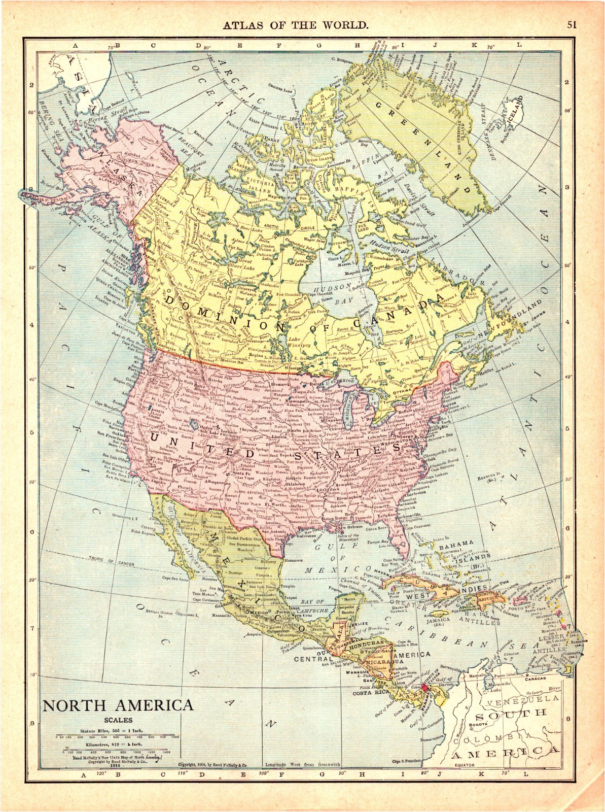 “NORTH AMERICA” Antique original map 1915