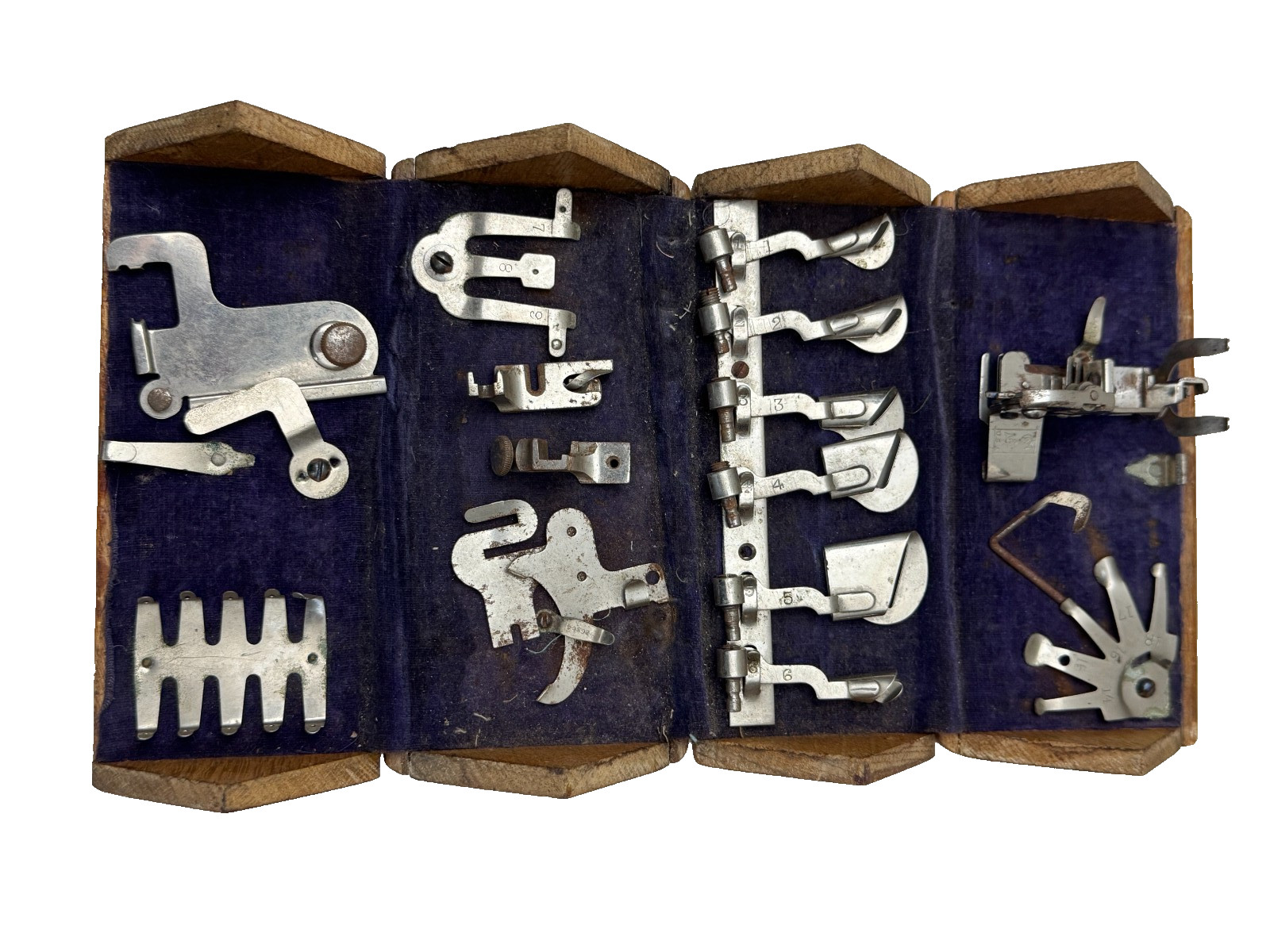 1889 Singer Sewing Machine Attachments in Folding Wooden Puzzle Box