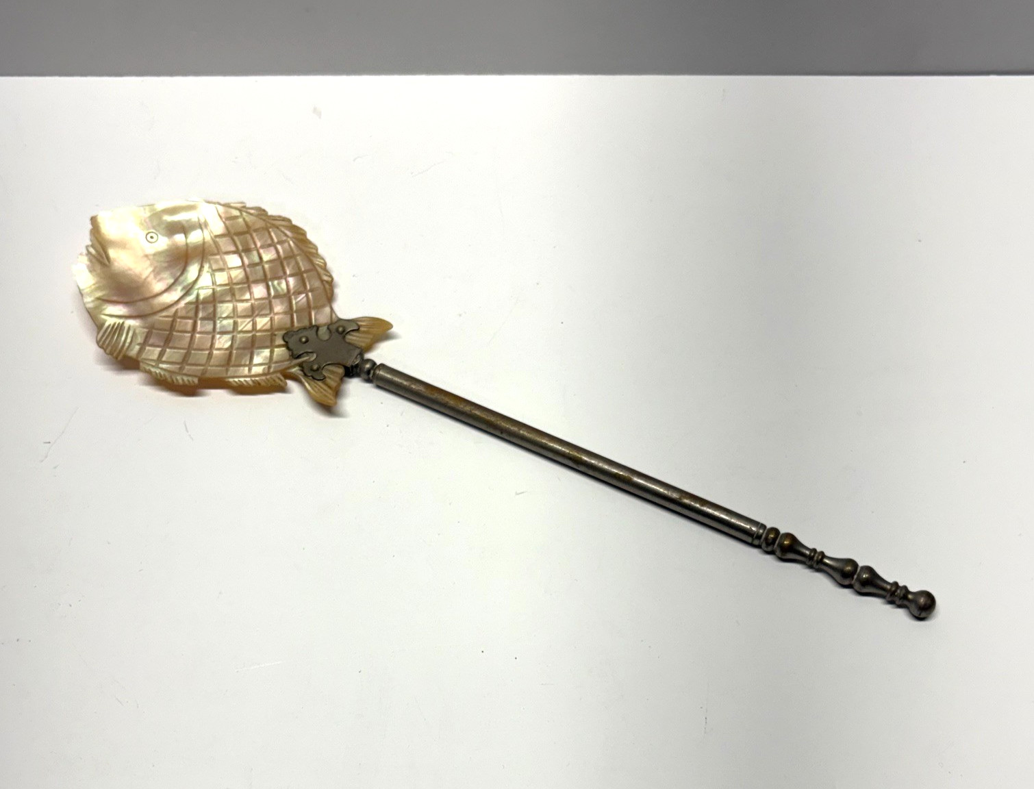 Antique Victorian Silver Plate Mother of Pearl Hand Carved Fish Serving Spoon
