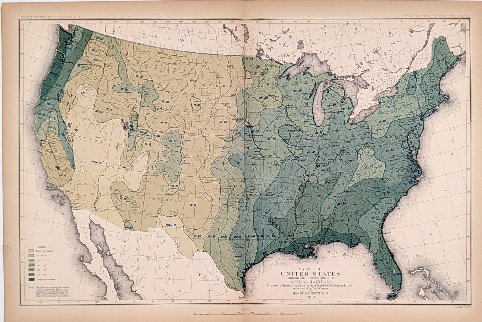 1880 UNITED STATES Map ANNUAL RAINFALL – ORIGINAL Stunning Color H. Gannett