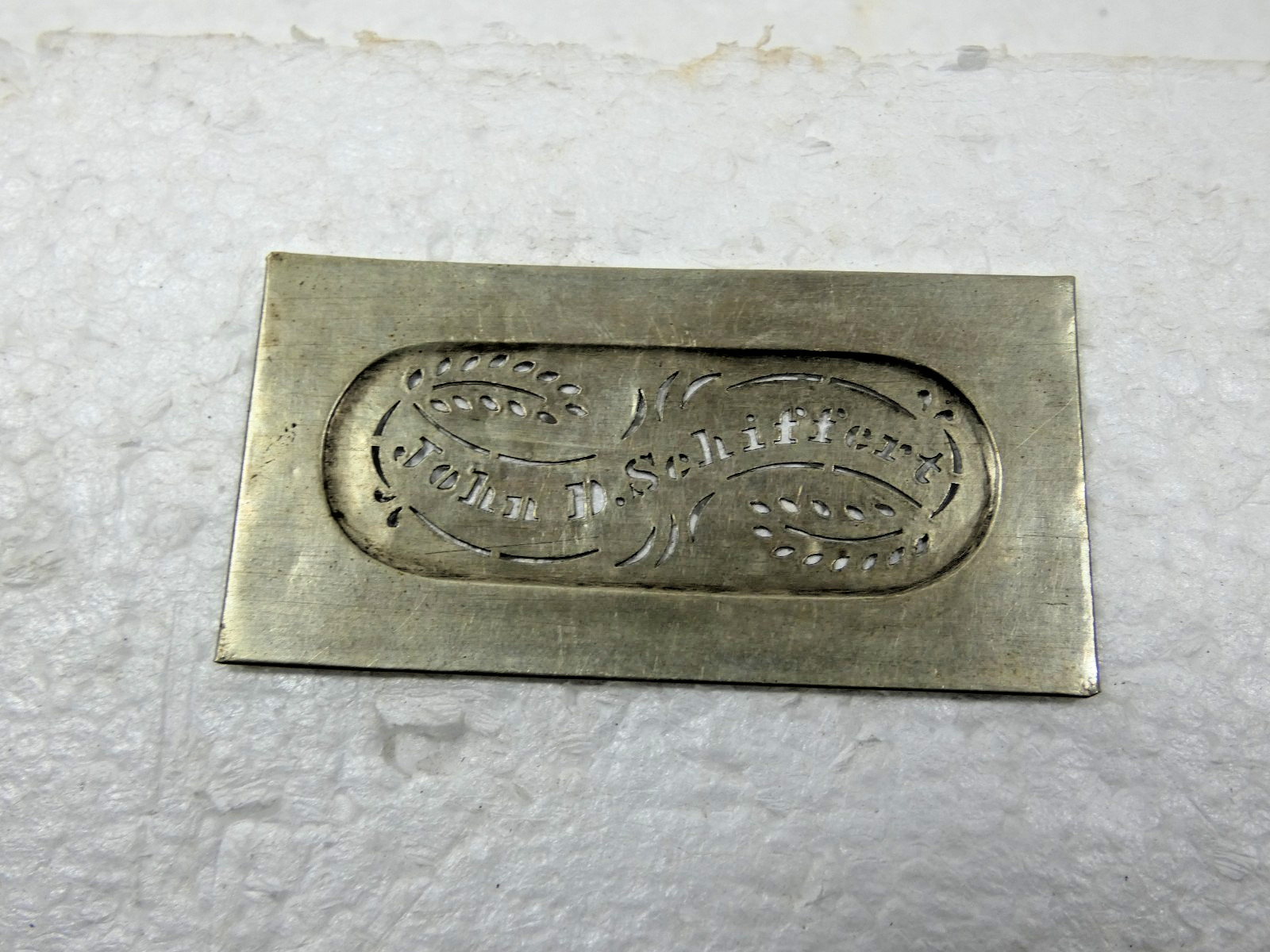 Vintage Name Stencil John D. Schiffert Berks Co Pa. 2-3/4″ Long 1-3/16 Tall