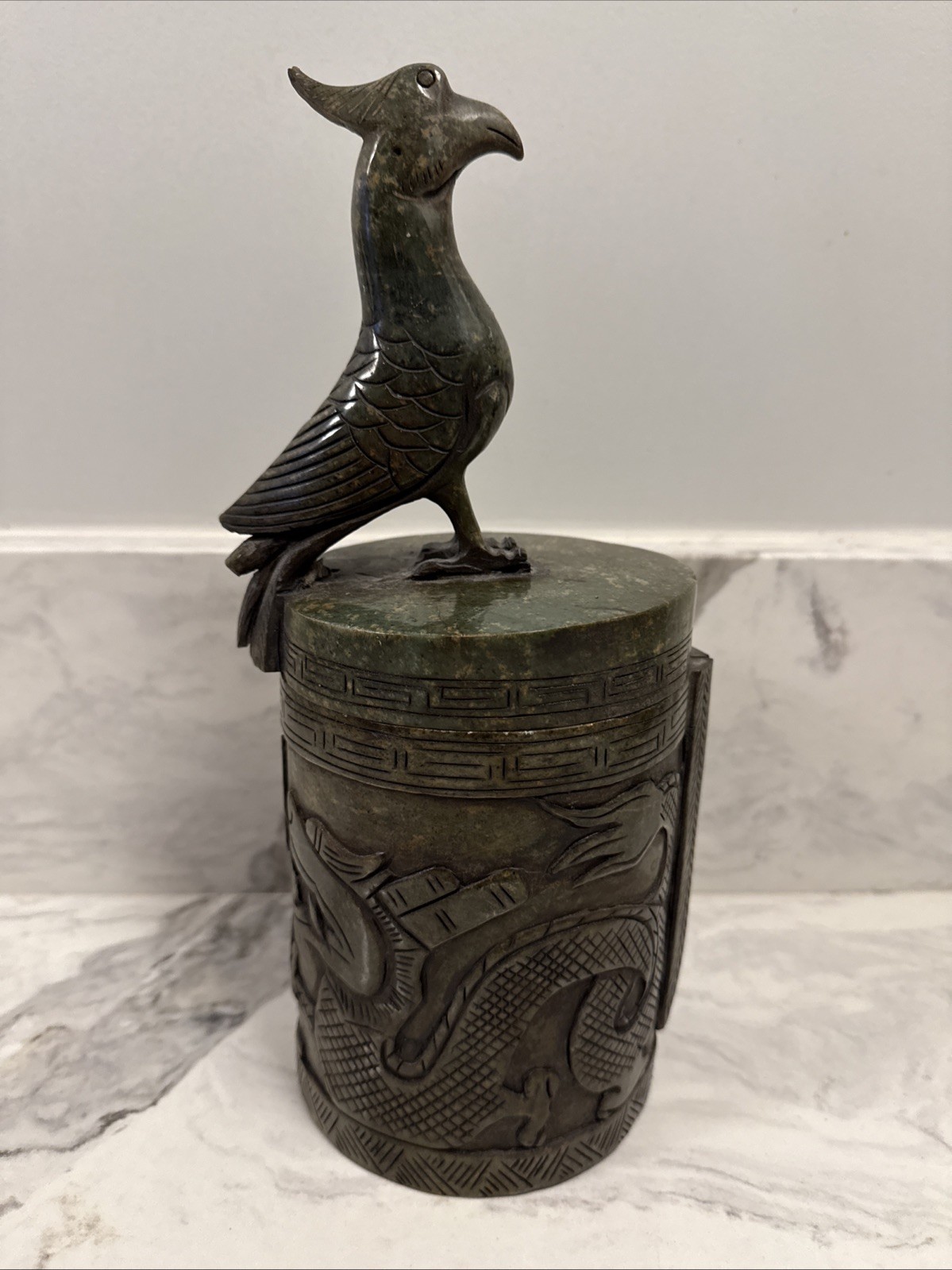 Vintage Chinese Deep Green Nephrite Jade Lidded Container Bird & Dragon 12”