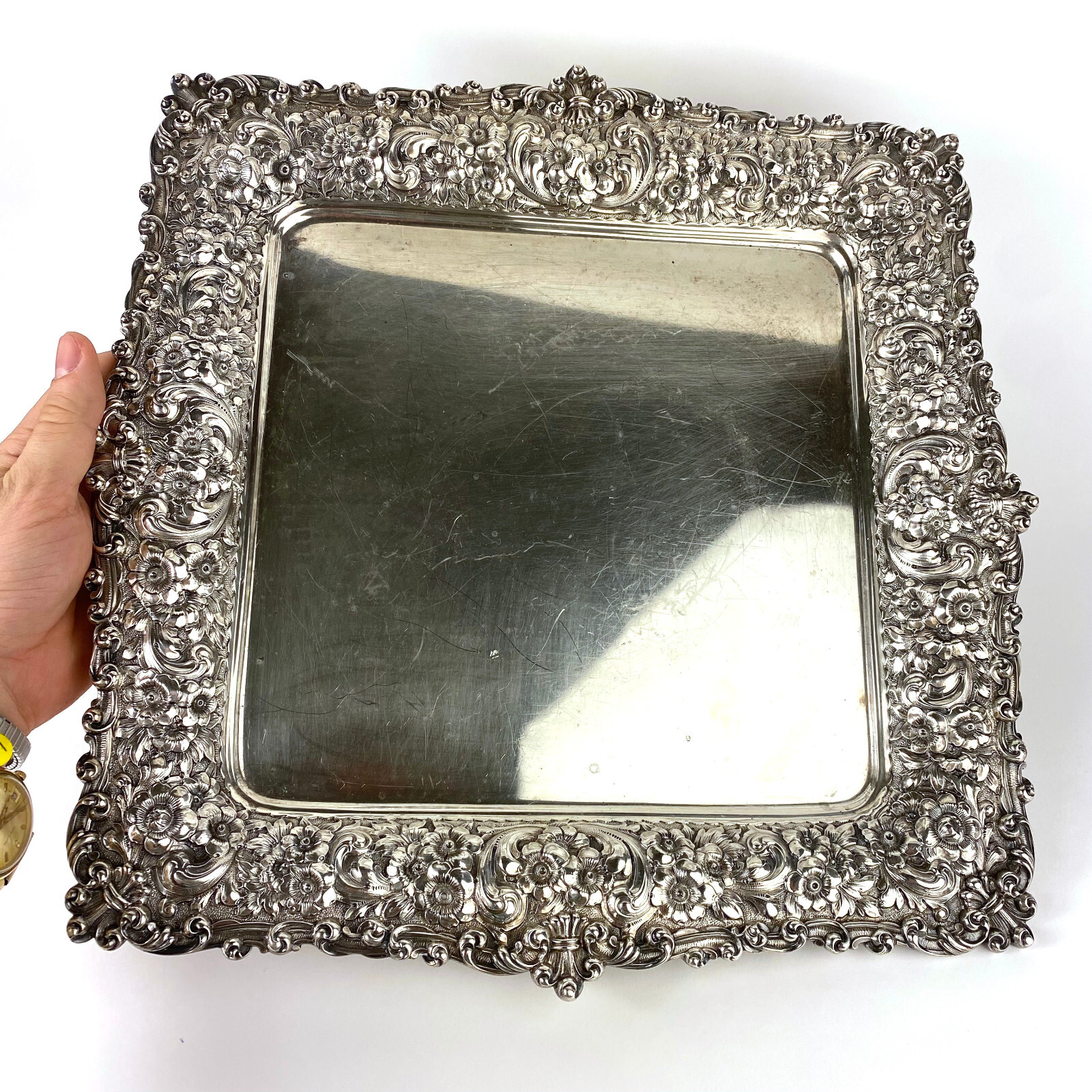 Antique Bailey Banks & Biddle Repose Rose Flowers Sterling 13” Tray Plate 1222g