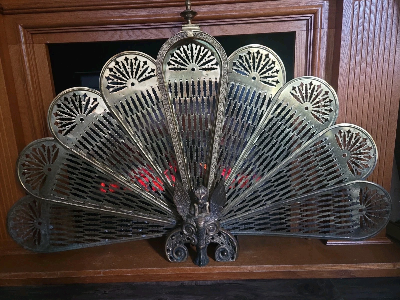 Vtg Brass Peacock Fireplace Fan Screen Cover Griffin Base Art Deco 1920s Antique