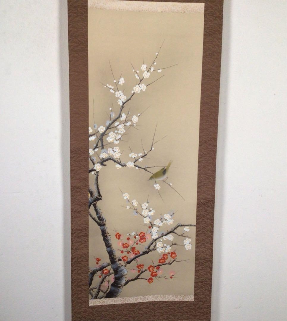 Japanese Hanging Scroll Plum Blossom Warbler Painting w/Box Asian Antique 230