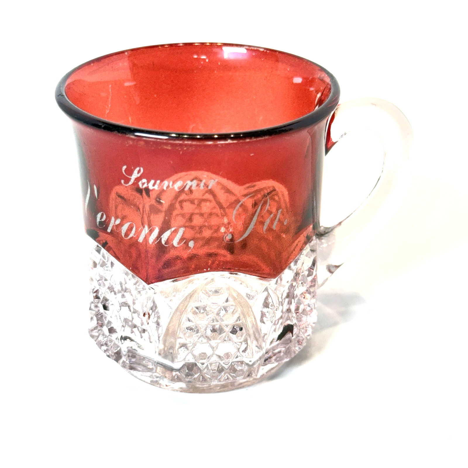 VERONA Pennsylvania PA ANTIQUE Ruby Red Flash Souvenir Glass CUT TRINKET CUP