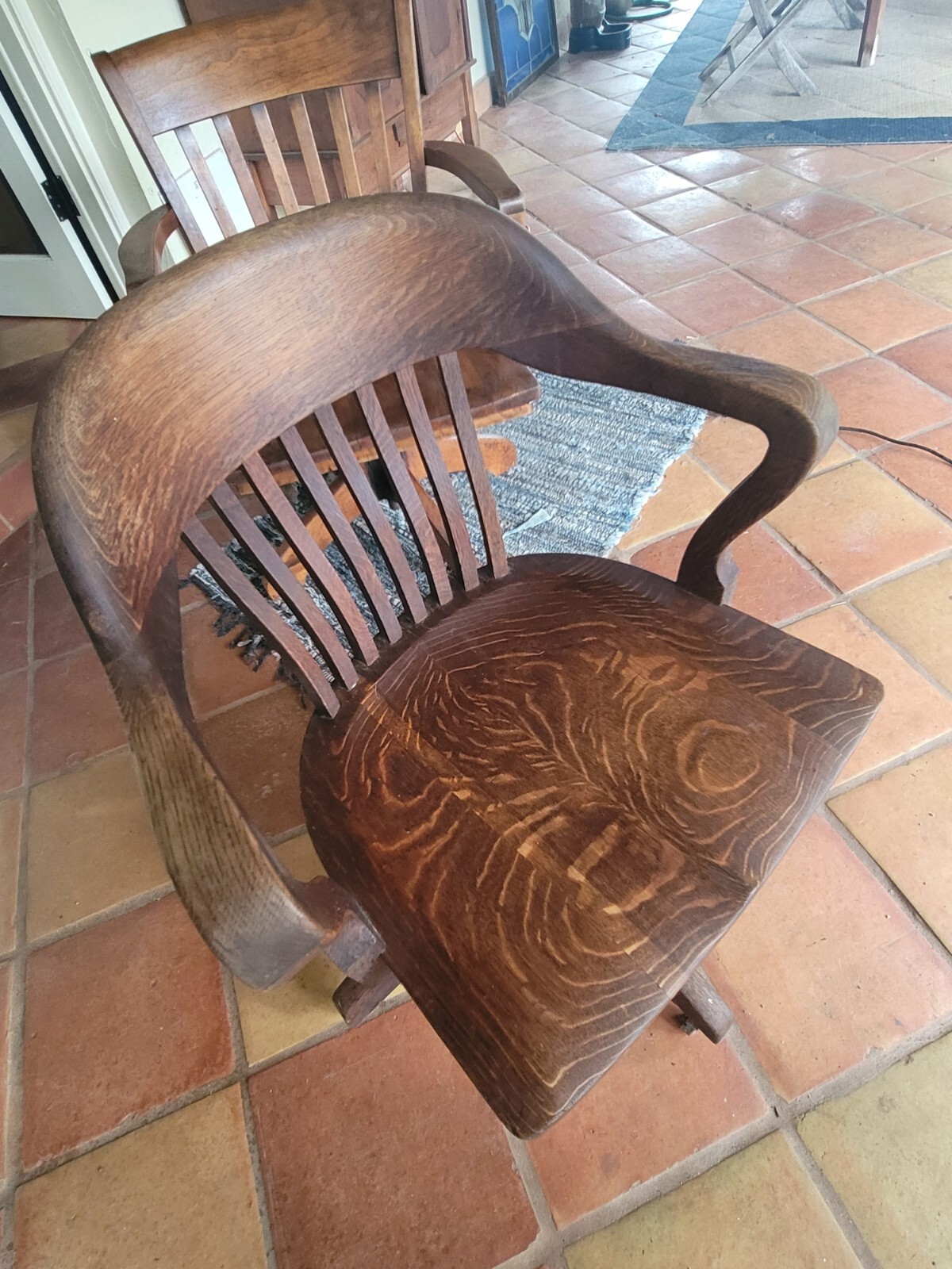 Pair of Vintage Oak Swivel Rolling Bankers – Courtroom Chairs with Casters