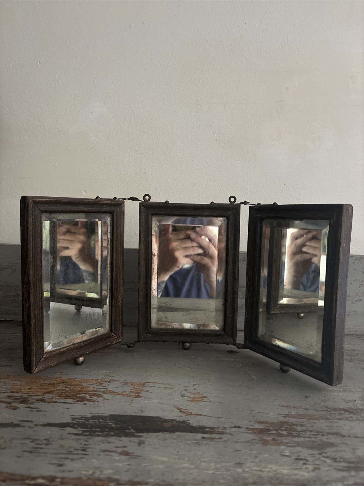 Antique Victorian Beveled Glass Tri-Fold Hanging Mirror Brass And Floral Details