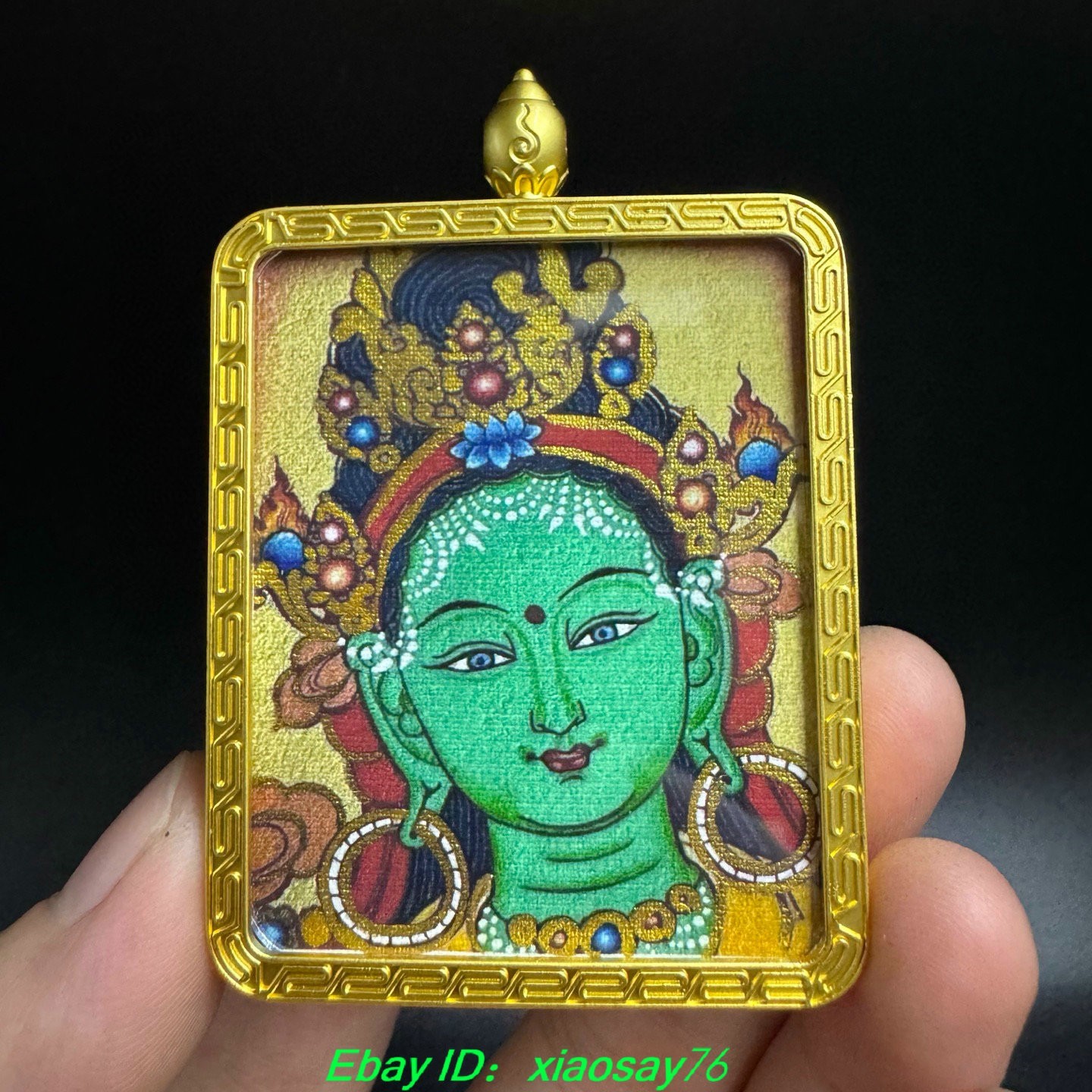 2.6”Old Tibet Bronze Gilt Green Tara Mahayana Buddhism Goddess Amulet Pendant