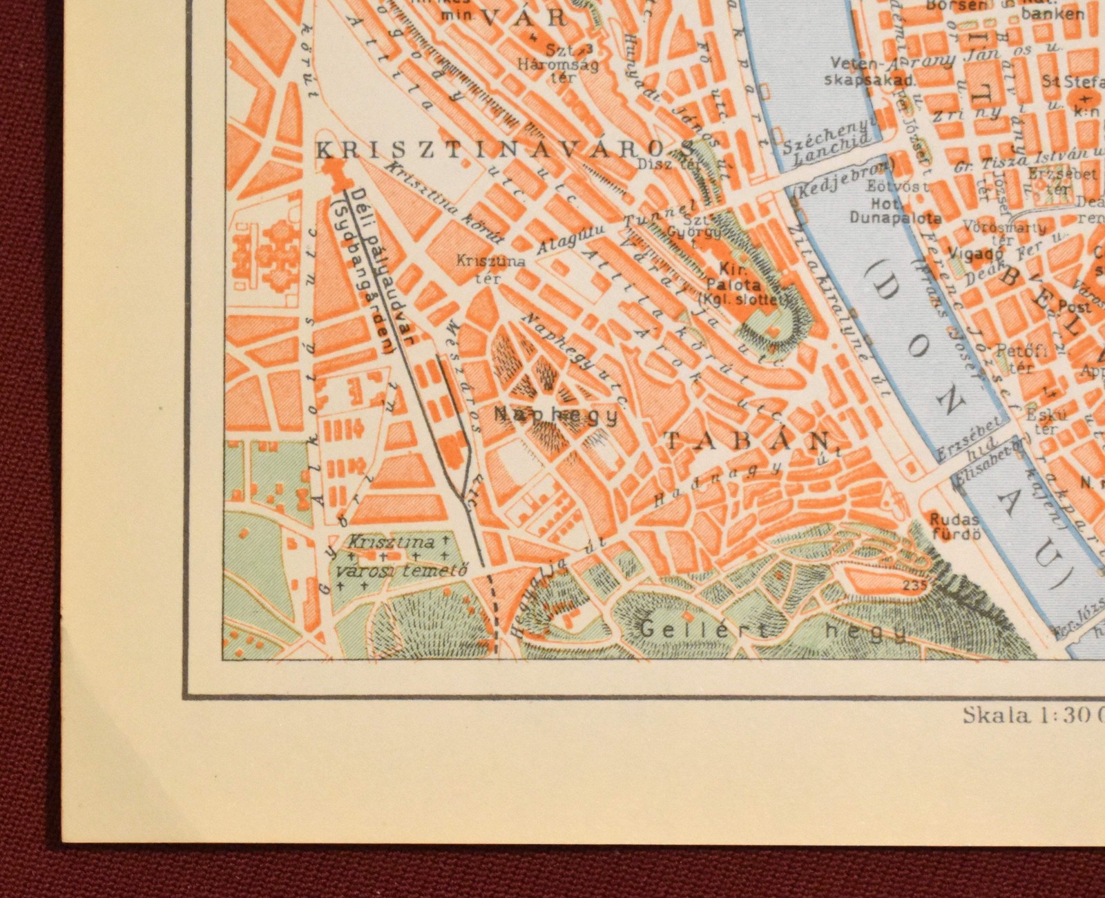 Map of Budapest, Hungary, Swedish Encyclopedia Plate 1950’s