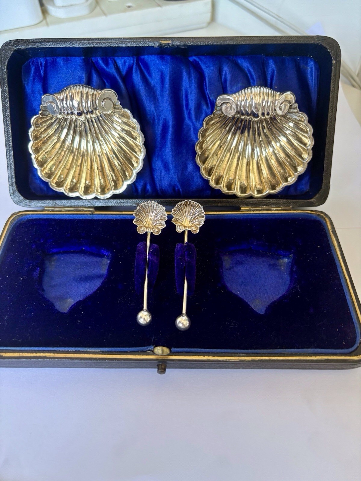 Full Set Edwardian Silver Salts & Spoons Fitted Case 1904 WILLIAM HENRY LEATHER