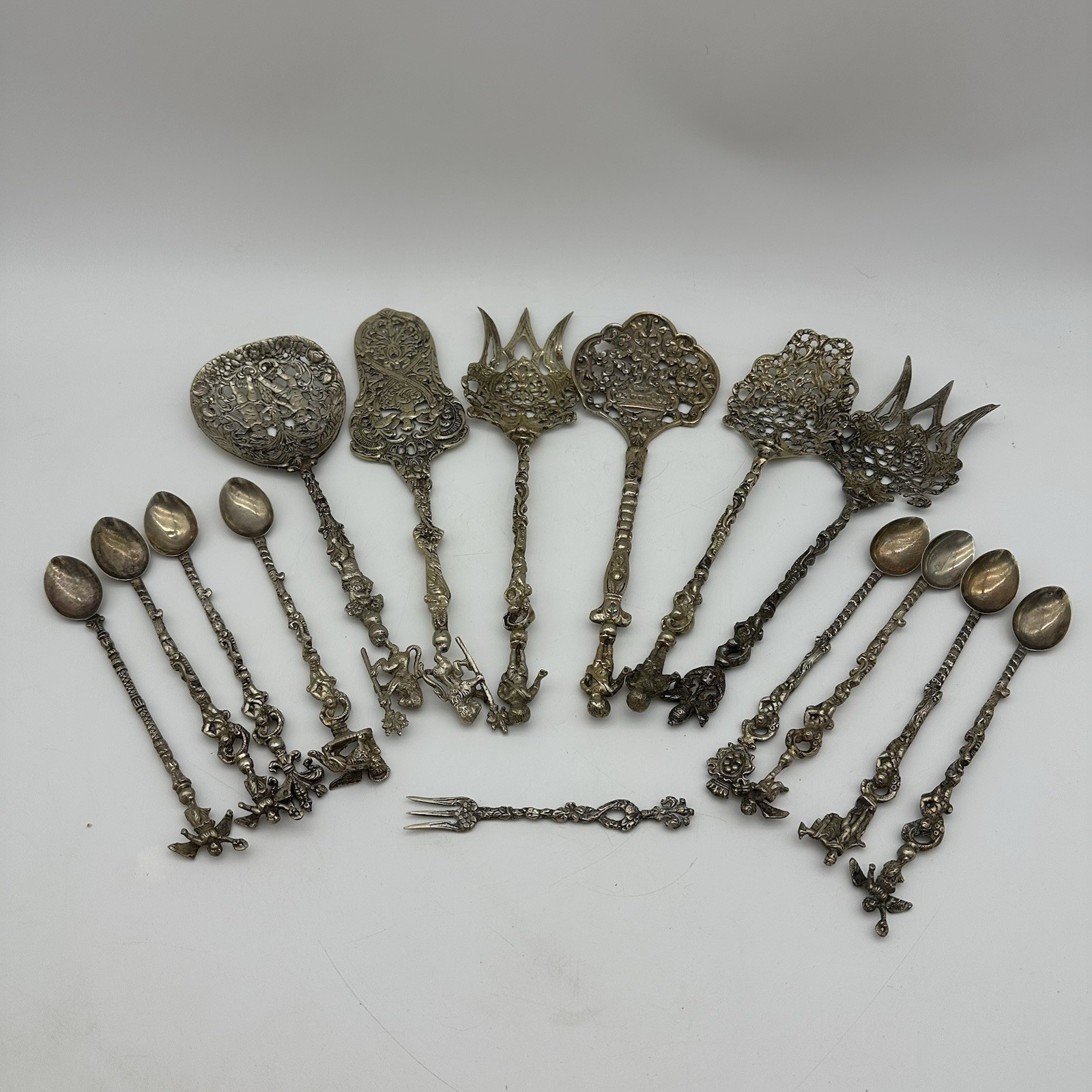 Vintage 15pc Montagnani Style Italy Stamped Figural Demitasse Serving Spoons Set