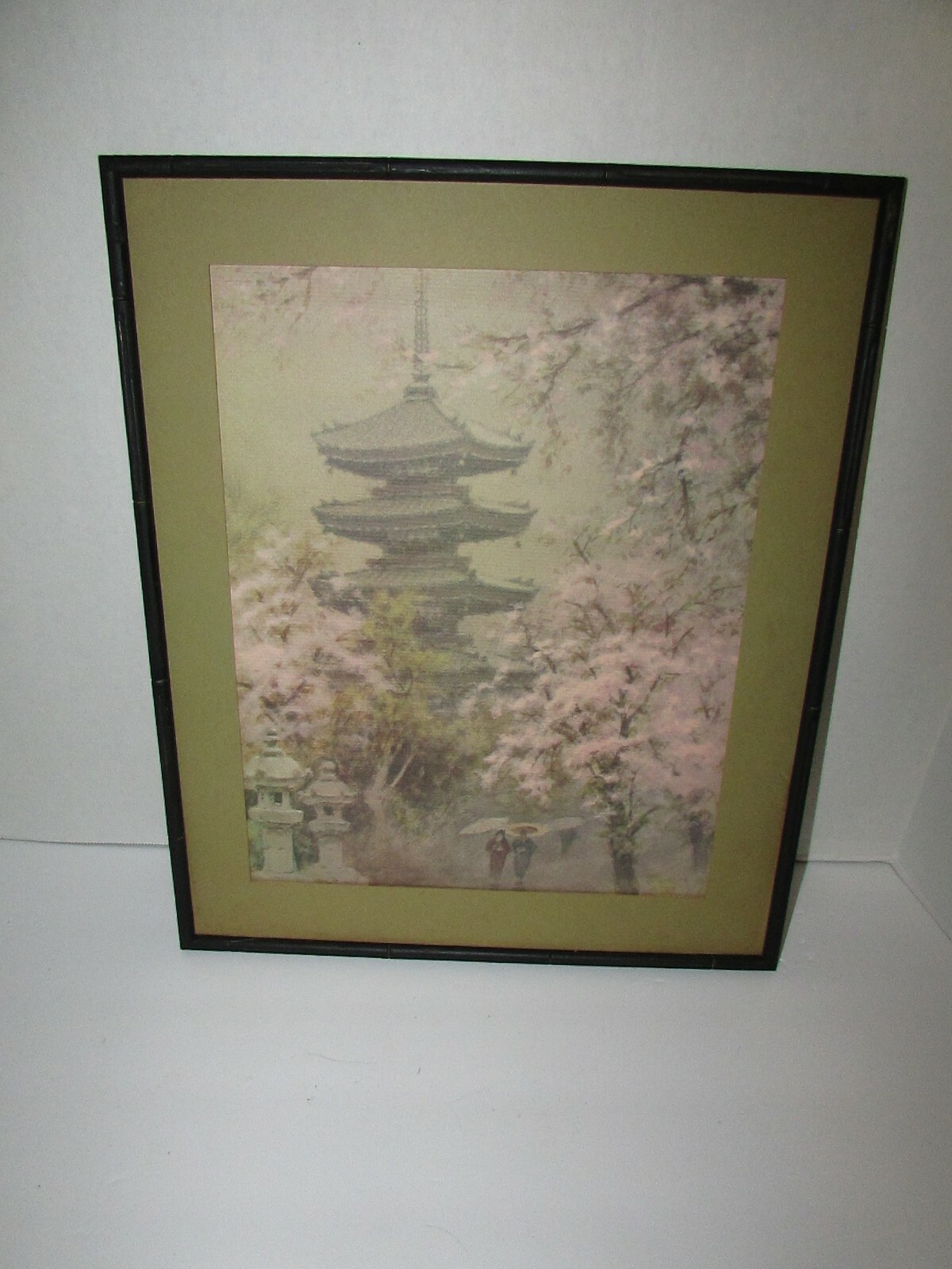 ANTIQUE 1930’S JAPANESE PRINT ON TEXTURED PAPER PAGODA AND CHERRY BLOSSOMS PICT