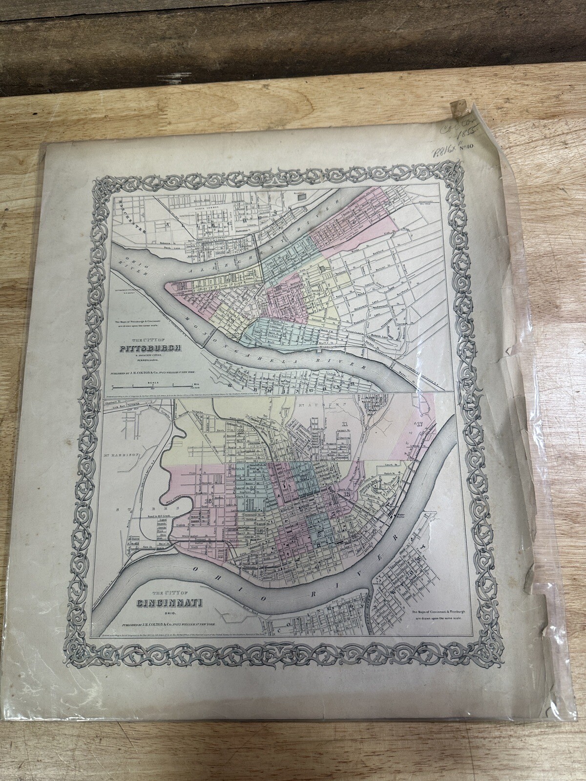 Antique J. H. Colton & Co Map Of Pittsburgh And Cincinnati In 1855