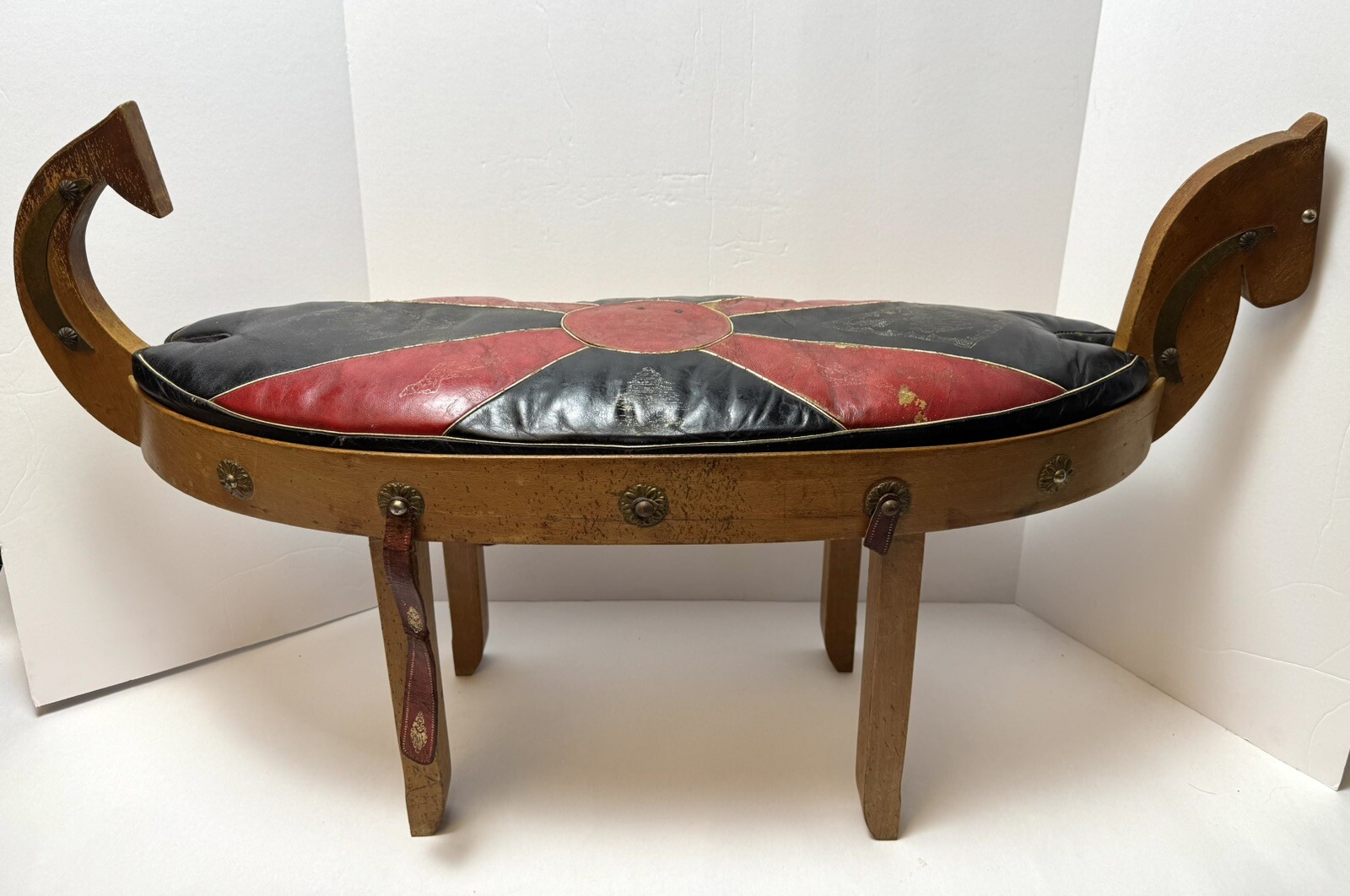 Vtg MCM Black Red Camel Saddle Carved Wood Foot Stool Ottoman Egyptian Decor 31”