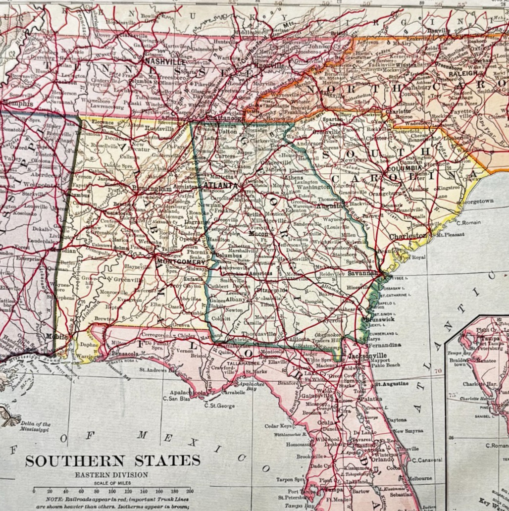1898 Map Southern United States Victorian History Geography Atlas Print DWXX1