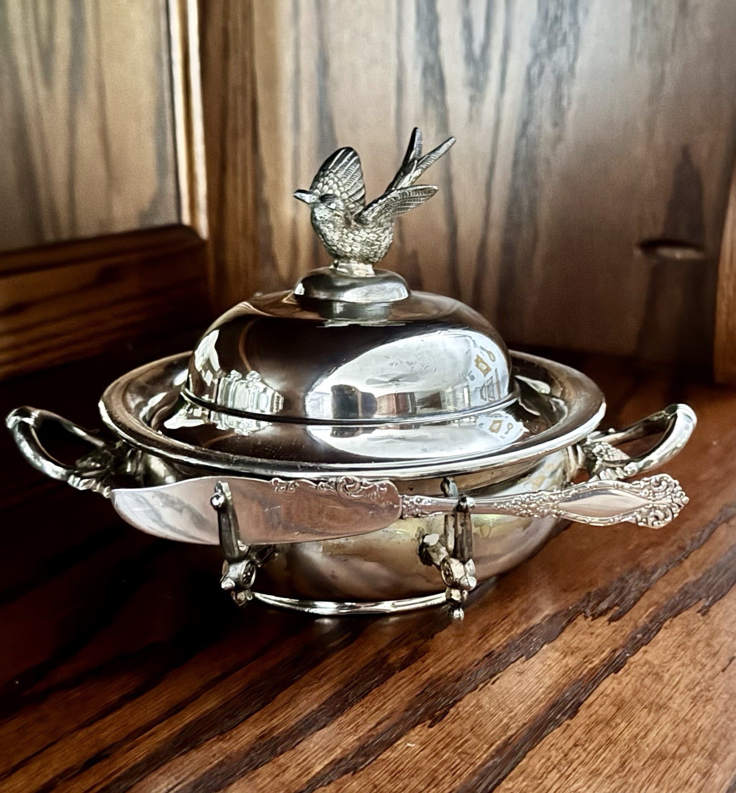 Antique Hartford Silver Co Quadruple Plate Bowl Bird on Lid Butter Knife 1887