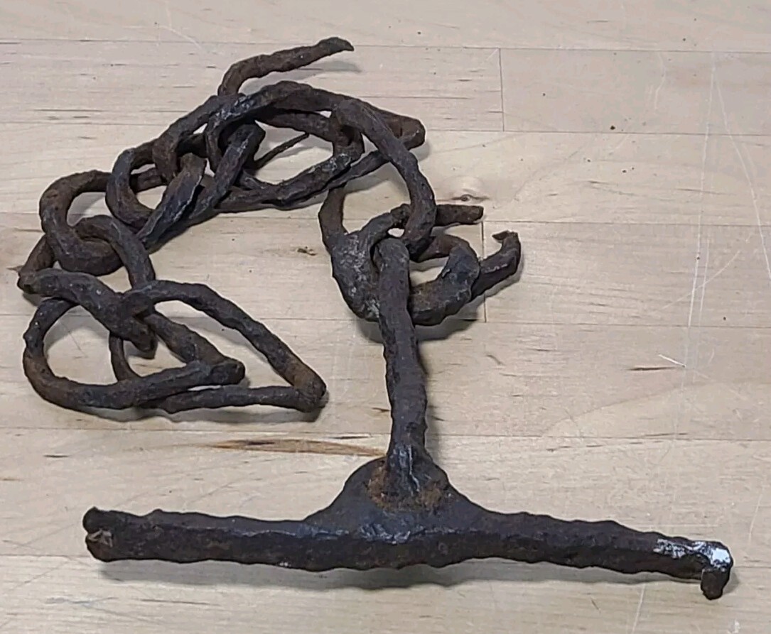 Antique Early Hand Forged Iron Chain Double Link Rare Fireplace Farm (B12)