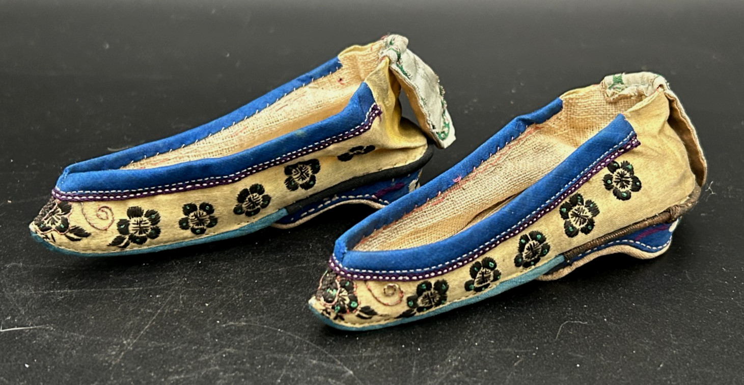 Antique Chinese Embroidered Silk Lotus Foot Binding Heel Shoes