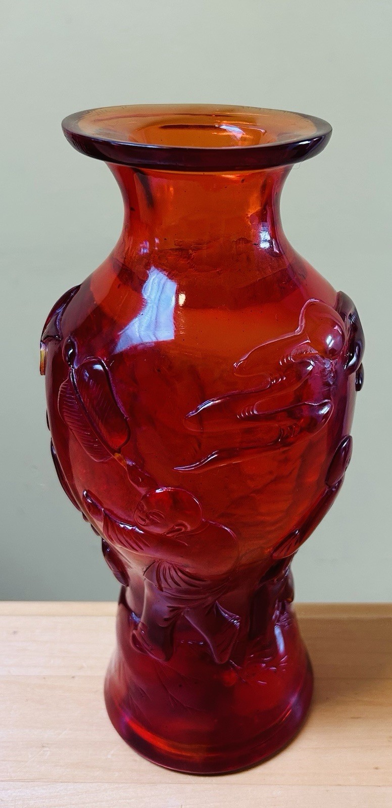 Antique Cherry Amber Qianlong Dynasty High Relief Carved Vase Heron Children