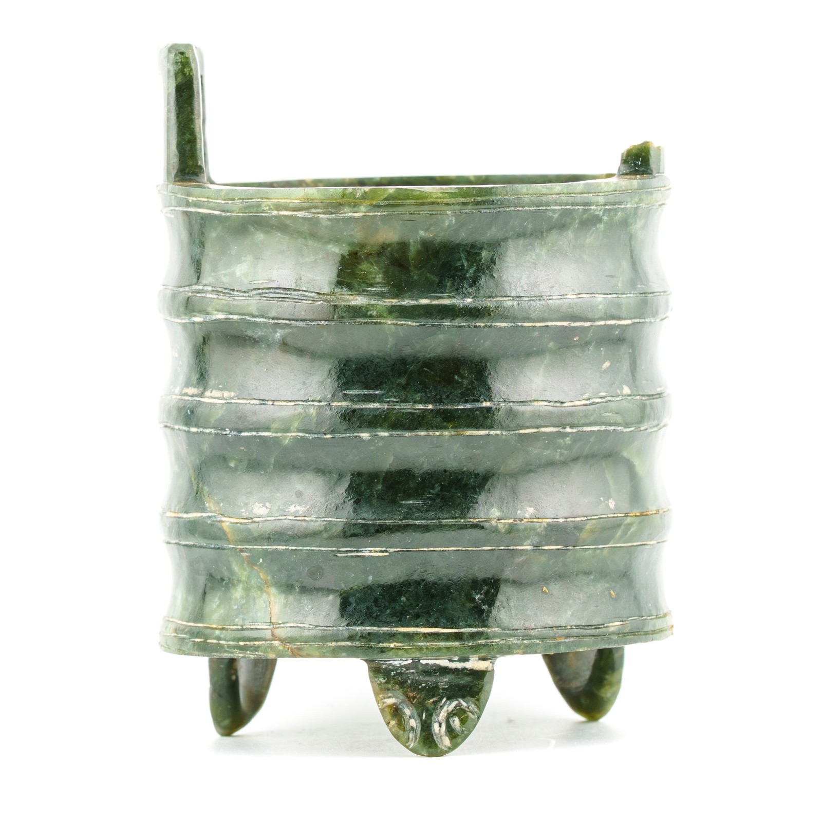 Chinese Jade Incense Burner Tripod Archaistic Green Spinach Handle 20C