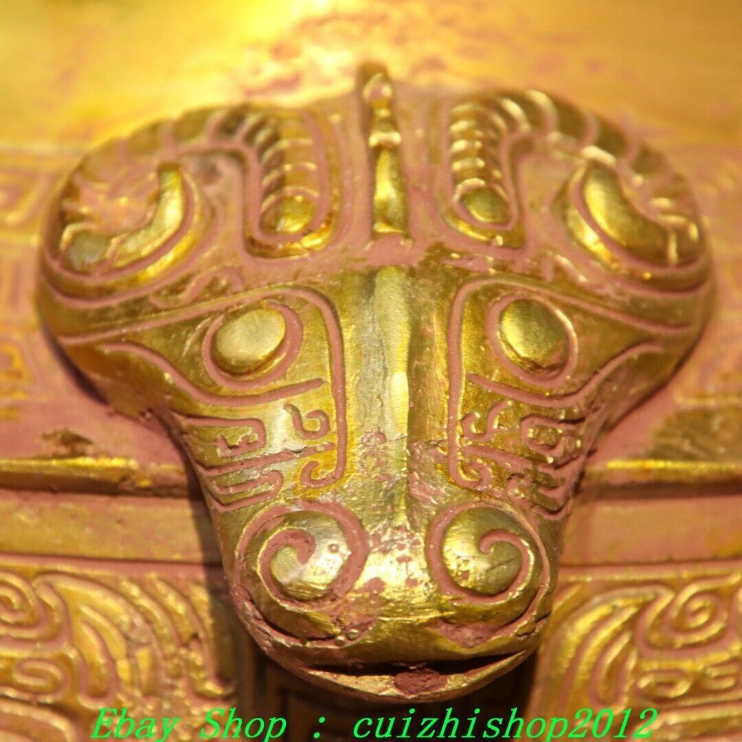 9″ Old Chinese Dynasty Bronze Ware Gold Sheep Head Beast Face Wine Jar Pot Crock