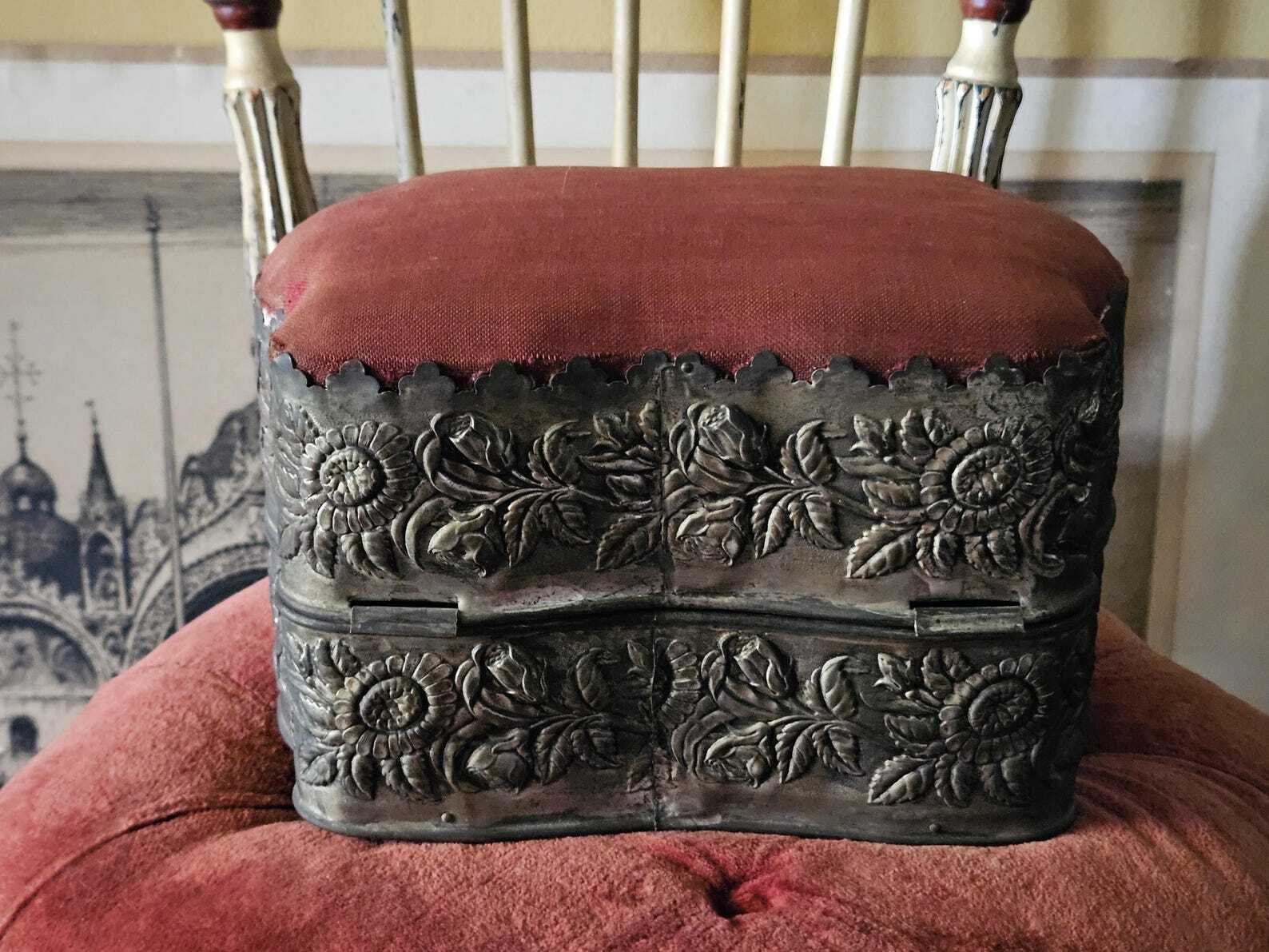 Antique Silver Collar Box with Repousse Flowers and Red Fabric, Victorian Silver