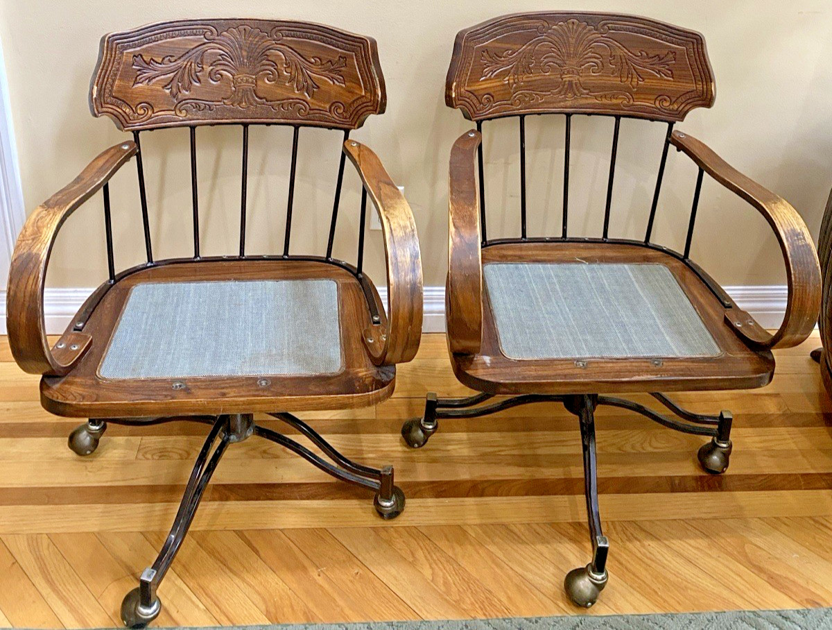 2 Vintage Bentwood Fleur De Lis Engraved Back Swivel Captains Dining Table Chair