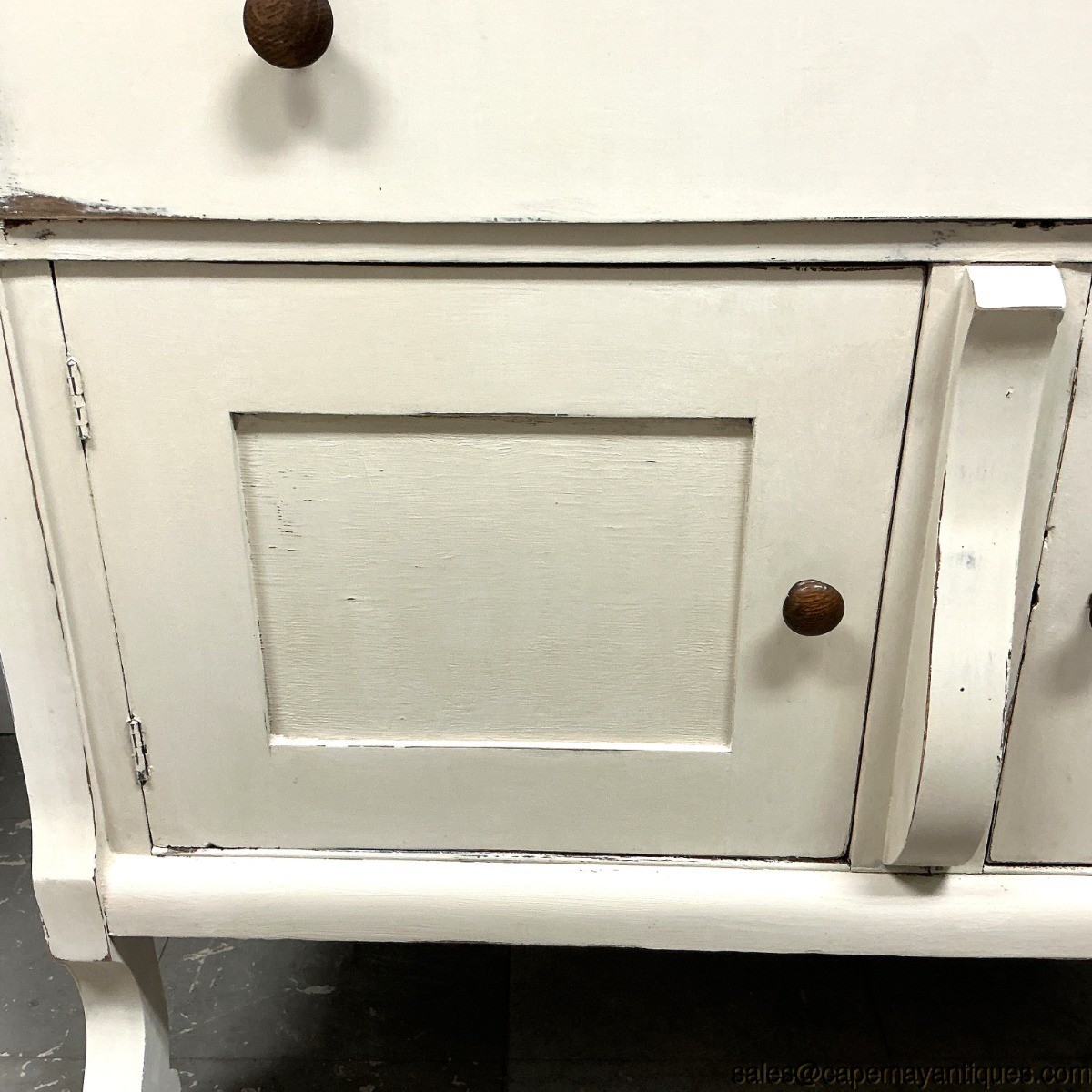 Antique Petite Sideboard Buffet w Mirror Oak Wood Painted Canvas White Farmhouse