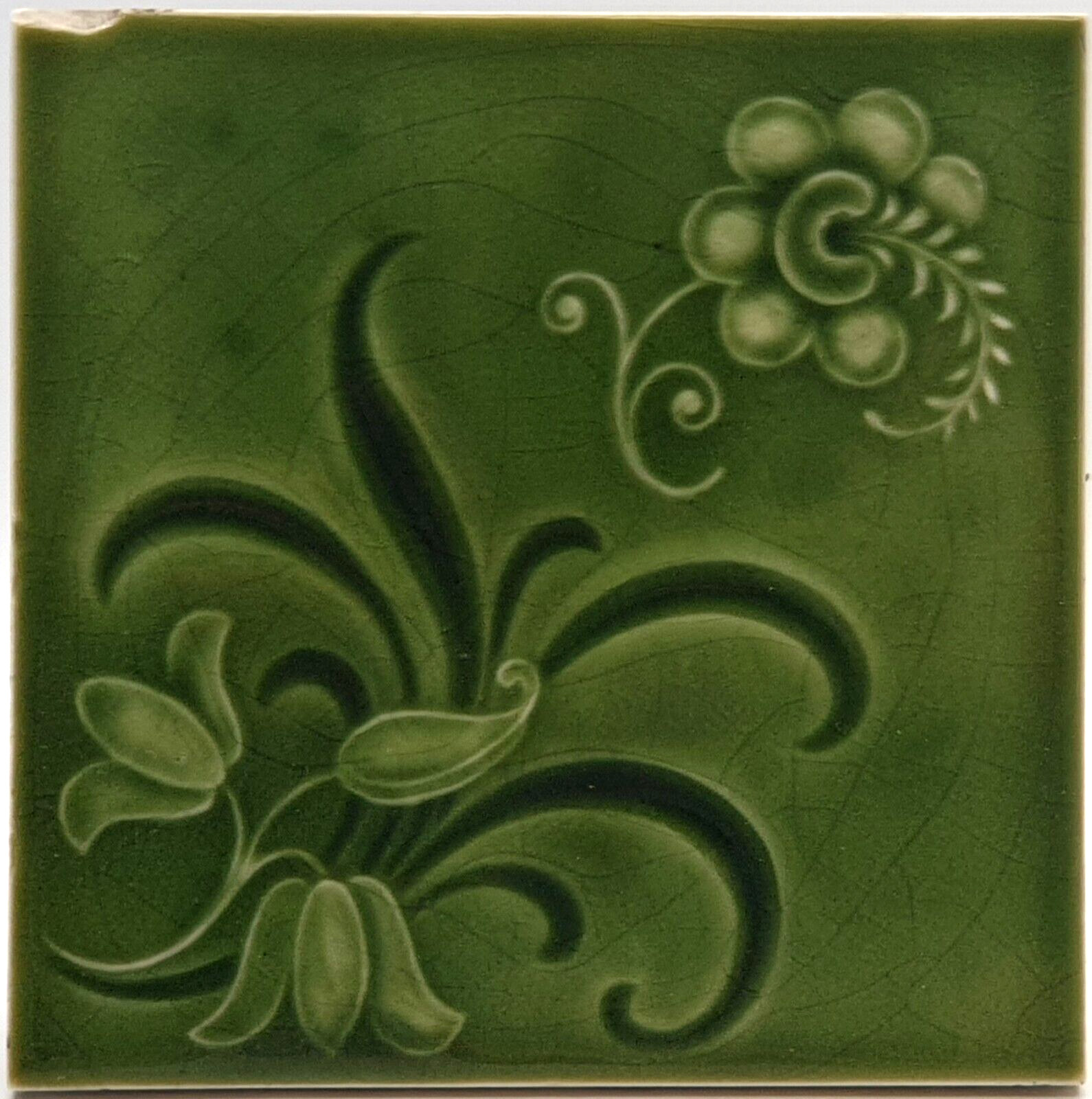 Art Nouveau Fireplace Majolica Tile Green Floral Design Henry Richards 1905 AE5