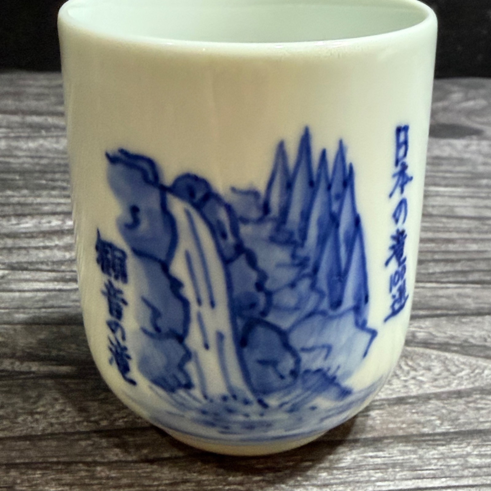 Porcelain Cup Blue Japanese Waterfall Kan’on Falls Japans Top 100 Waterfalls VTG