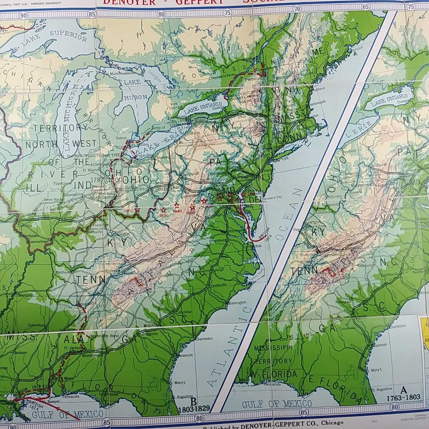 1957 Westward Movement 1763-1829 Denoyer-Geppert Social Science Map A10 44×37