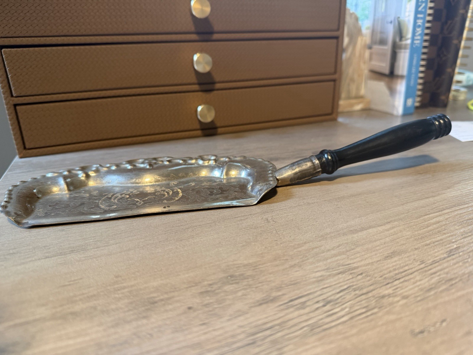 Silverplate Handled Crumb Tray with Black Handle, Scroll Engraved