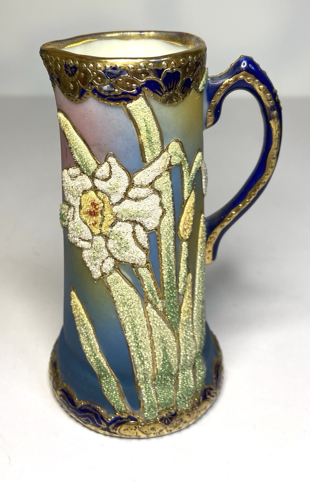 Antique Japan Nippon Coralene Daffodil 4.25” Small Pitcher Vase Marked