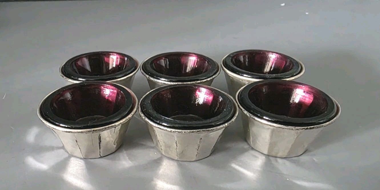 Set Of 6. Antique Sterling Silver & Rasberry Glass Salt Cellar / Condiment Dish