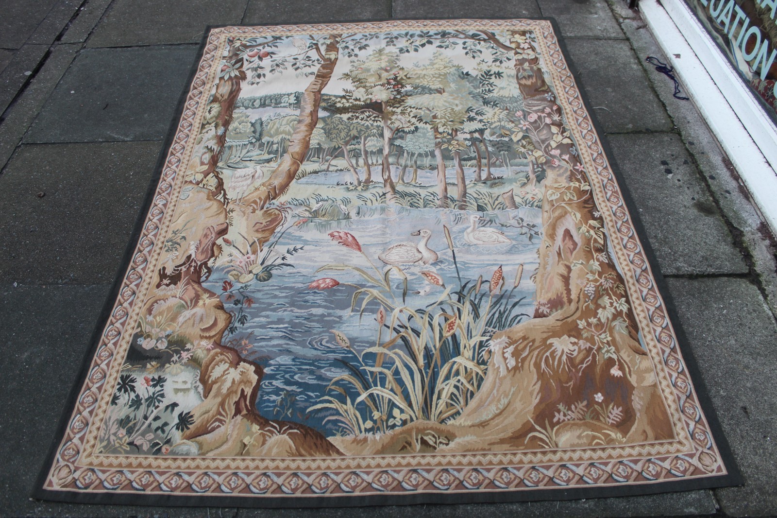 Vintage Hand Made French Design Original Wool Green Aubusson Tapestry 192x137cm