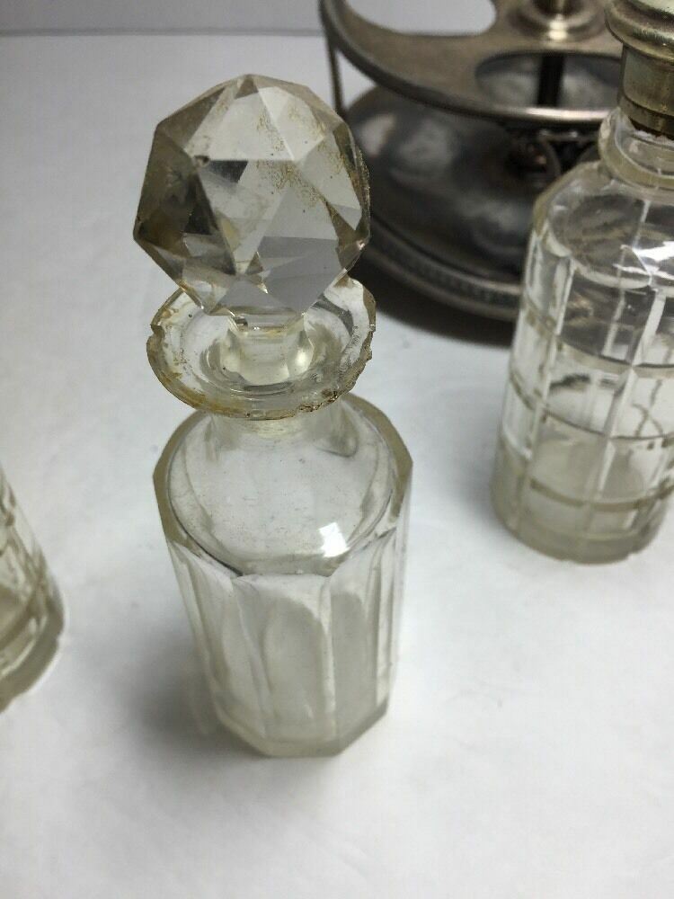 Antique Condiment Server Silver Plate Glass Jars Stamped Damaged A523