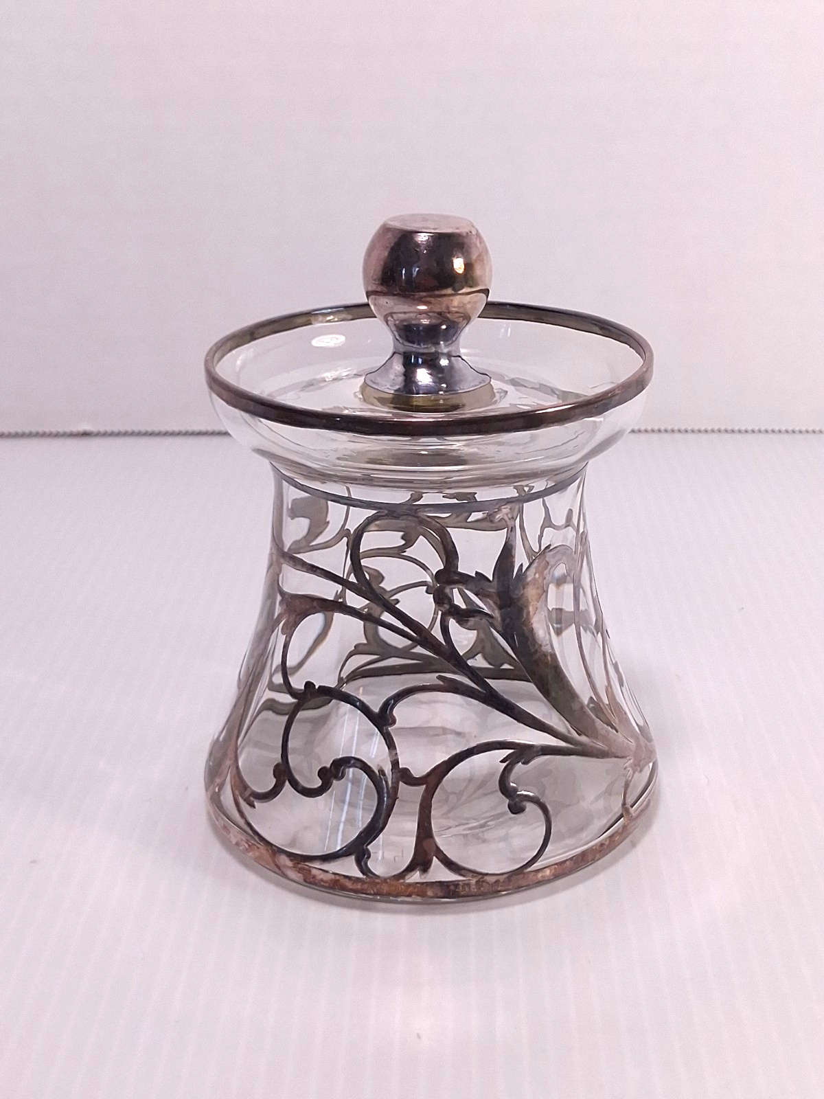 Antique Sterling Silver Overlay Clear Glass Mustard Pot Jam Jar 4.5″ Tall