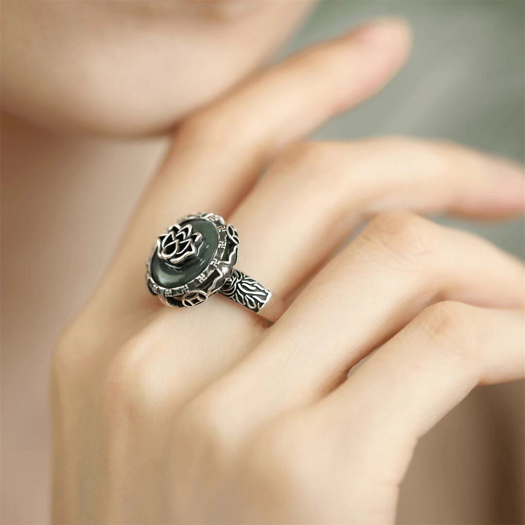 Antique Old Chinese Cloisonne Silver Inlay Gems Flower Jewelry Figure Ring