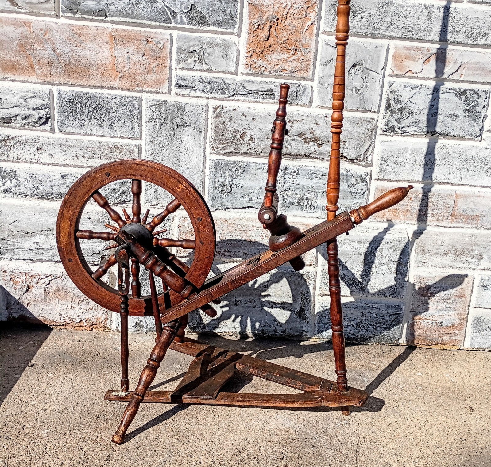 Antique Primitive Child’s Handmade Spinning Wheel, Finials Spindles Glass Beads