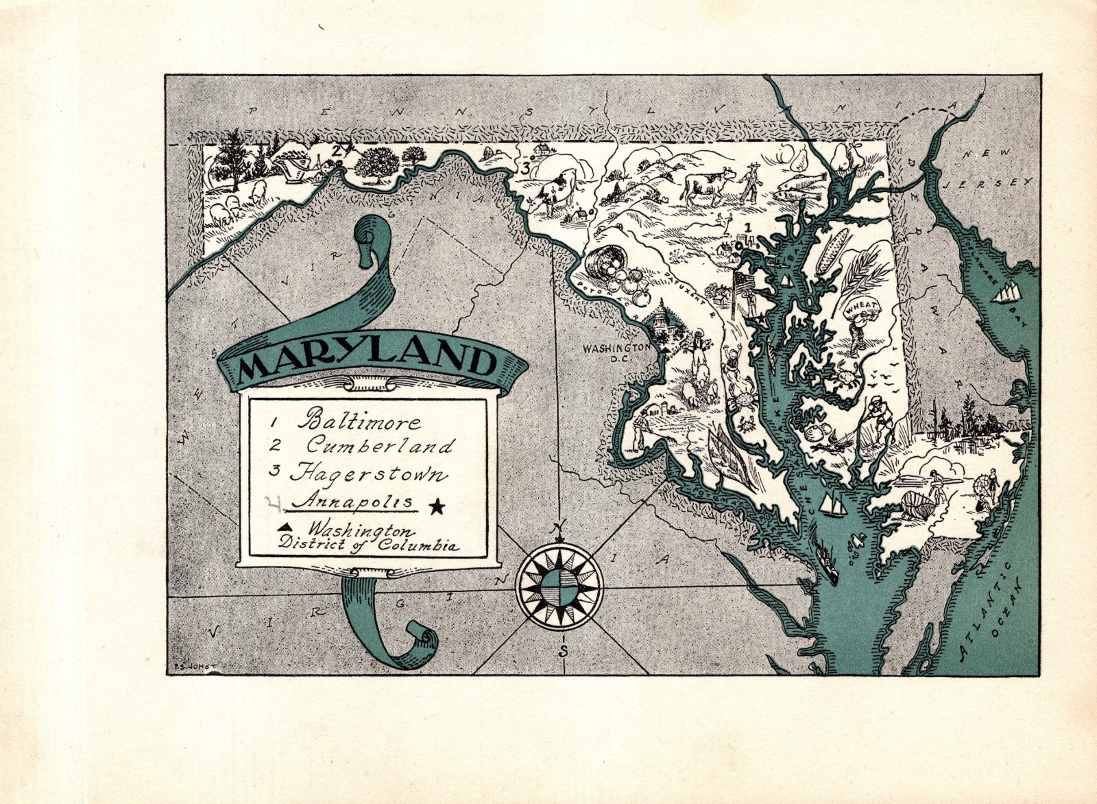 1930s Antique Maryland State Map RARE Animated Blue Picture Map BLU 2978