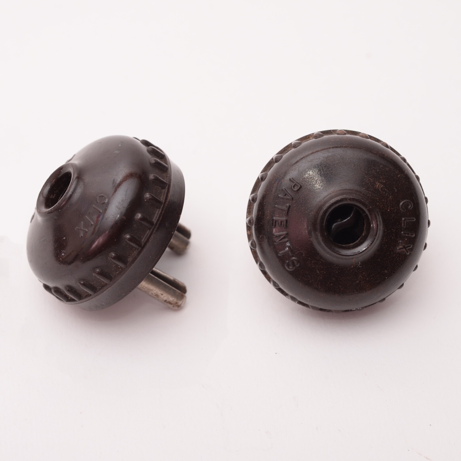2x CLIX Brown Bakelite 2 Pin Round Prong 5A Plugs Reclaimed Vintage Electrical