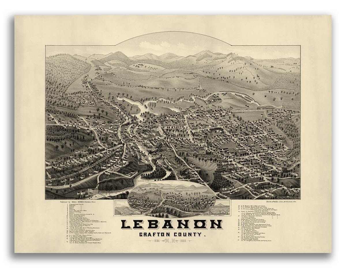 Lebanon NH 1884 Historic Panoramic Town Map – 18×24