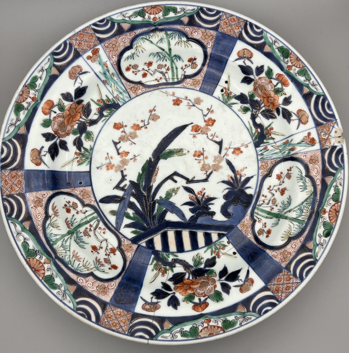 Antique Edo Period Japanese Imari Arita Charger – 32cm – Staple Repair & Chip