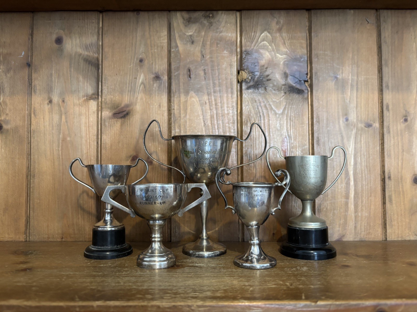 5 x vintage silver plate trophies (378), small trophies, loving cup