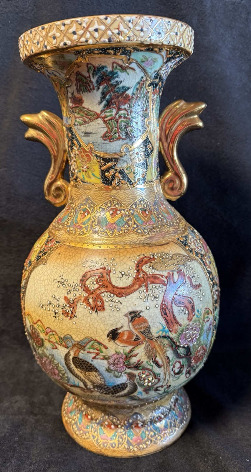 Vintage Royal Satsuma Handpainted Ceramic Vase—14 3/16” tall X 7 3/4” center