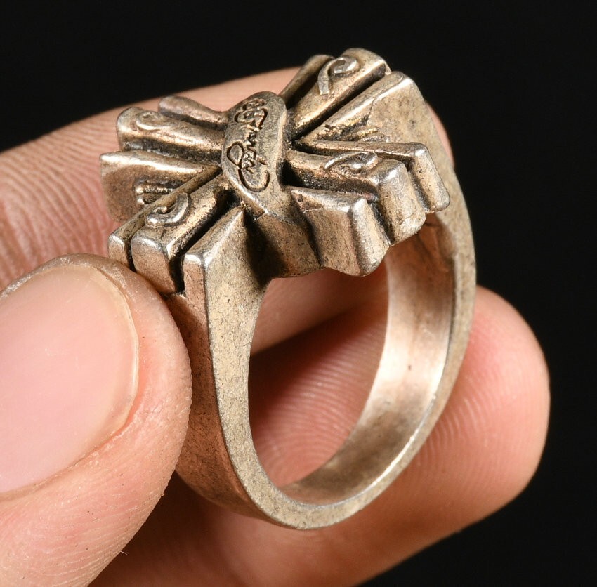 2.7CM Antique Tibet Old Silver Fengshui Cross Exorcism Blessing Ring Finger Ring